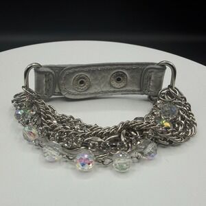 Silver Tone Chain Crystal Beaded Leather Cuff Bracelet Boho Statement Gift Her